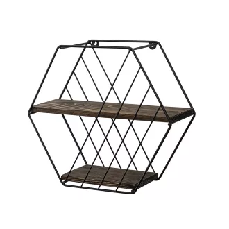   Шестоъгълна метална рафт 44x40x15см, Черен-Орех