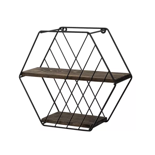 Шестоъгълна метална рафт 44x40x15см, Черен-Орех