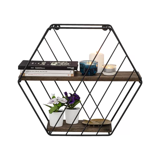 Шестоъгълна метална рафт 44x40x15см, Черен-Орех