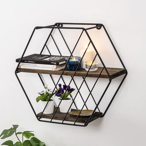 Шестоъгълна метална рафт 44x40x15см, Черен-Орех