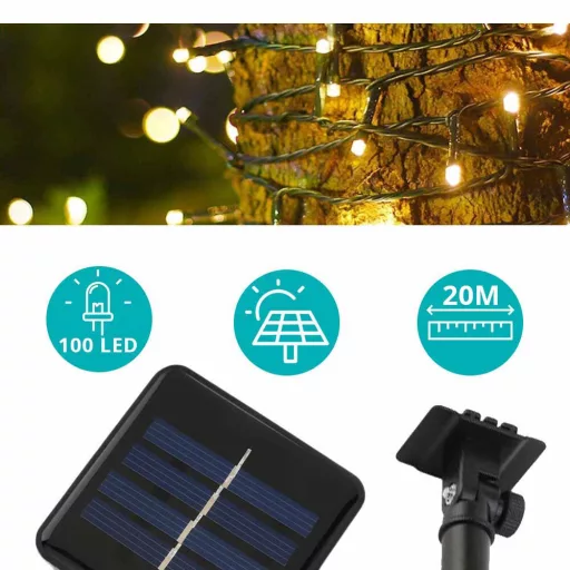 100 LED Слънчеви градински светлини - 20м, Топло бяло, Устойчиви на времето