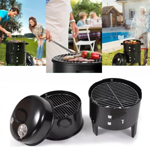 Дървени въглища BBQ пушач грил с 3 решетки за печене и вграден термометър
