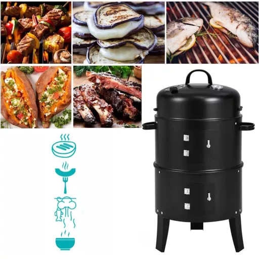 Дървени въглища BBQ пушач грил с 3 решетки за печене и вграден термометър