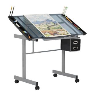   Регулируема чертожна маса с стъклен плот и отделения за съхранение