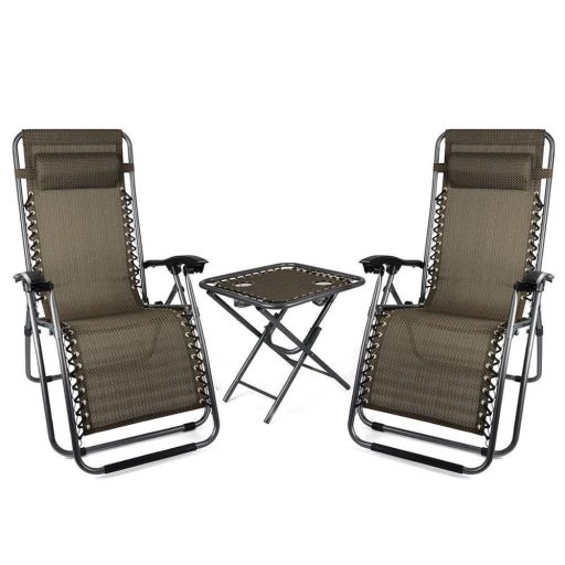 Комплект градински столове с нулева гравитация от 2 части с маса и сваляща се облегалка