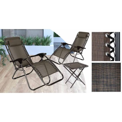 Комплект градински столове с нулева гравитация от 2 части с маса и сваляща се облегалка