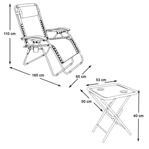 Комплект градински столове с нулева гравитация от 2 части с маса и сваляща се облегалка