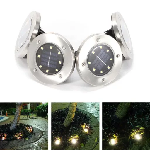 Комплект слънчеви лампи за открито с 4 части и неръждаема стомана, 8 LED, универсална инсталация