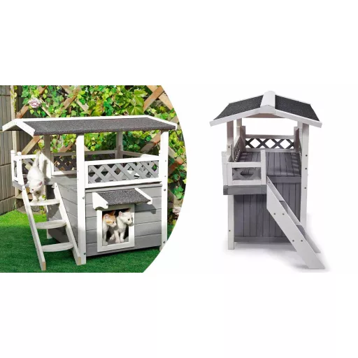 Къща за кучета и котки с тераса, устойчива на времето - Натурално дърво, стъпала против подхлъзване, идеална за домашни любимци под 5 кг