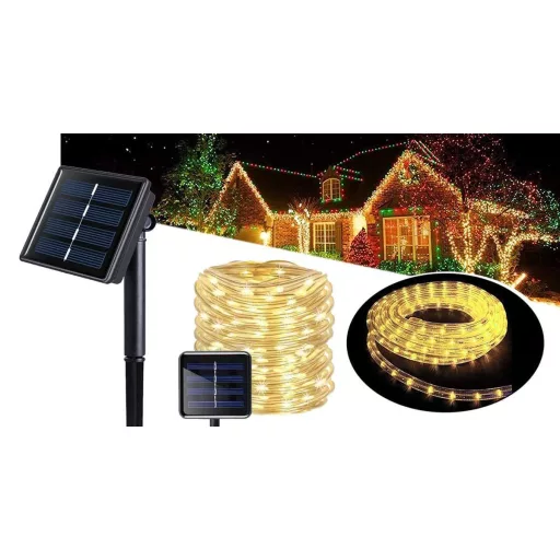 Слънчеви LED гирлянди 10м - 100 топли бели крушки, 8 режима на осветление, устойчиви на времето