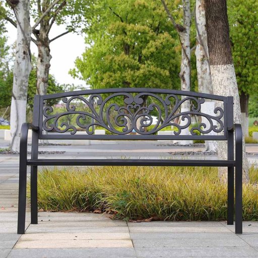 Метална градинска пейка за 2 души на открито, капацитет 200 кг, елегантен черен дизайн