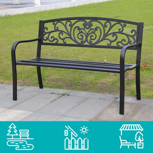 Метална градинска пейка за 2 души на открито, капацитет 200 кг, елегантен черен дизайн