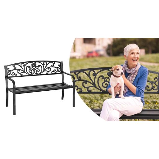 Метална градинска пейка за 2 души на открито, капацитет 200 кг, елегантен черен дизайн