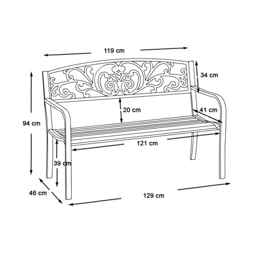 Метална градинска пейка за 2 души на открито, капацитет 200 кг, елегантен черен дизайн