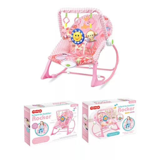 Вибрираща музикална люлка за бебета с регулируема облегалка и бар с играчки - до 18 кг, розова