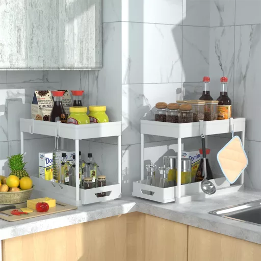 2-Pack Бял Органайзер за Кухня - Спестяващ Място, Двунивен Дизайн