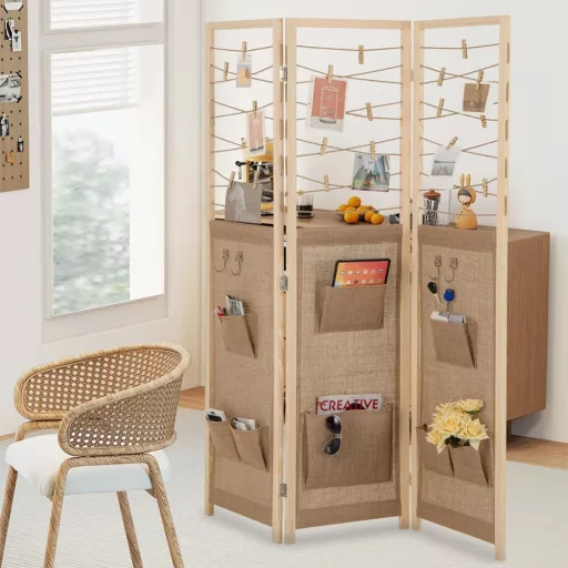 Трипанелен разделител за стая с 8 джоба за съхранение и 4 куки, натурален