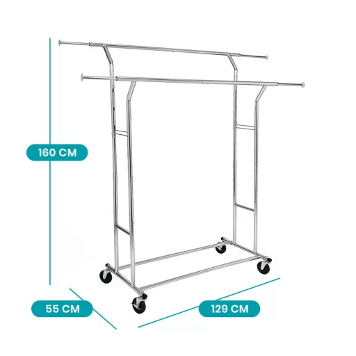 Регулируем рафт за дрехи от хром с индустриални колела - капацитет 110 кг