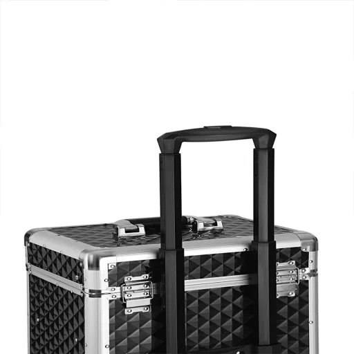 Професионален козметичен куфар на колела с ключалка, 34x27x57 см, черен ABS и алуминий