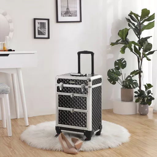 Професионален козметичен куфар на колела с ключалка, 34x27x57 см, черен ABS и алуминий