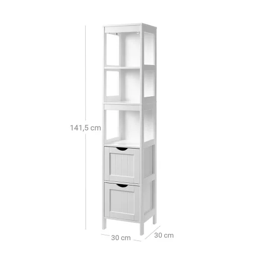 Тесен, висок шкаф за баня с 3 рафта и 2 чекмеджета 30x30x141.5см