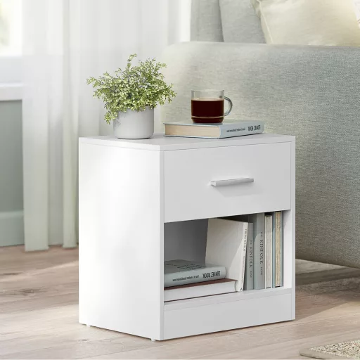 Класическа бяла нощна масичка с чекмедже и открит рафт - 39x27.6x41cm